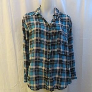 LANGUAGE BLUE,BLACK PLAID & FLORAL PRINT TOP XS